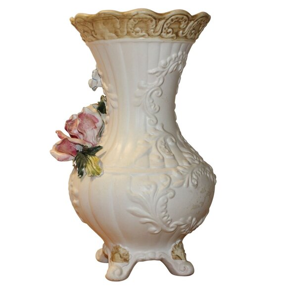 Vtg Italian Capodimonte Porcelain Footed Vase w/Handcrafted Roses Floral - Picture 8 of 12